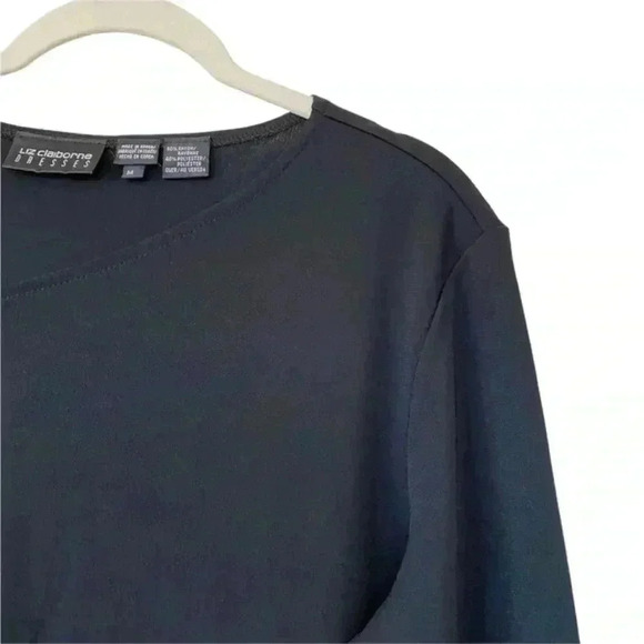 Liz Claiborne Black Dress Size Medium Asymmetrical Neckline Long Sleeves Office - Picture 4 of 8